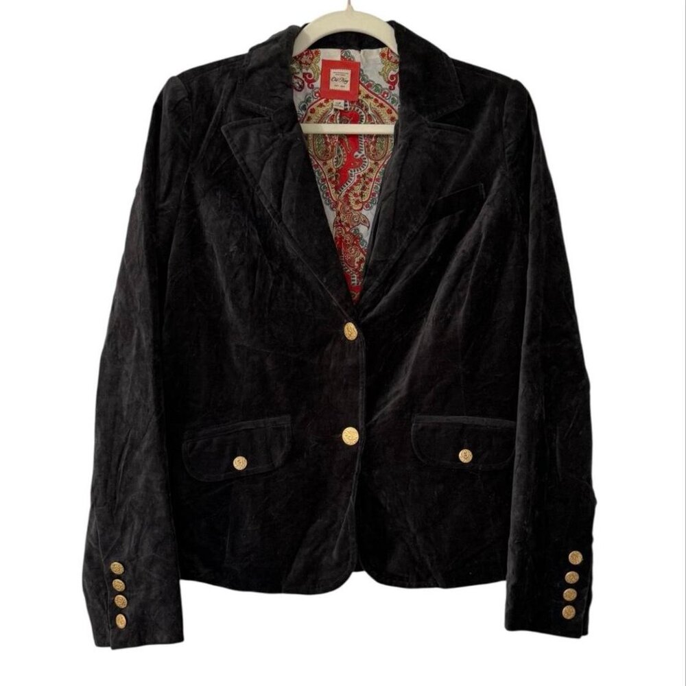 Old Navy Velvet Blazer Women Medium Black Excellent Gold Crest Button Paisley